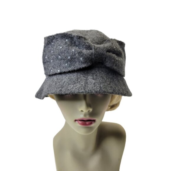 Grey Wool Hat Bow Sequin Accented Cloche Bucket Hat One Size - Picture 5 of 13